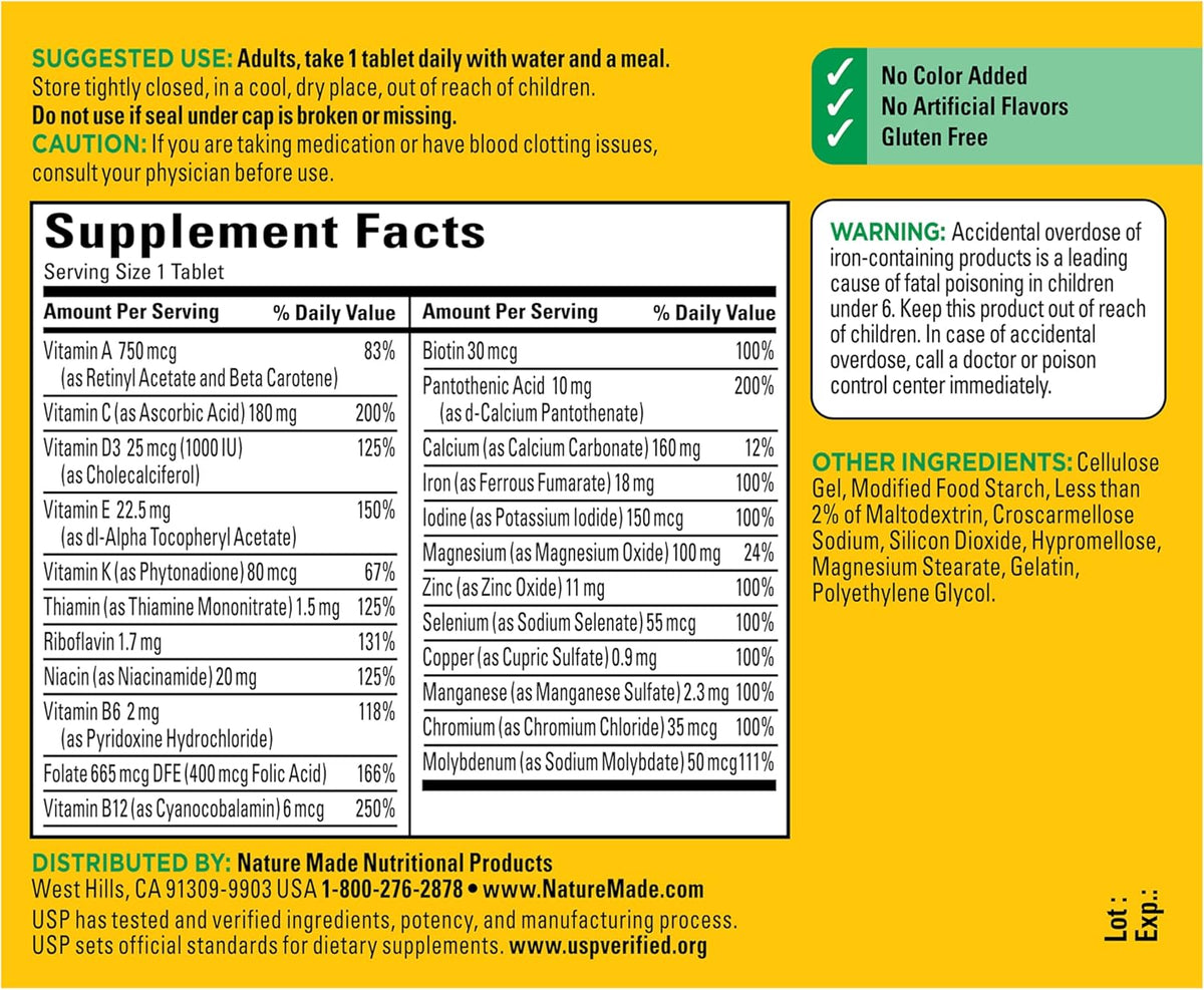 Nature Made Multivitamin Tablets with Iron, Multivitamin for Women and Men for Daily Nutritional Support, Multi Vitamins for Adults, 130 Tablets, 130 Day Supply