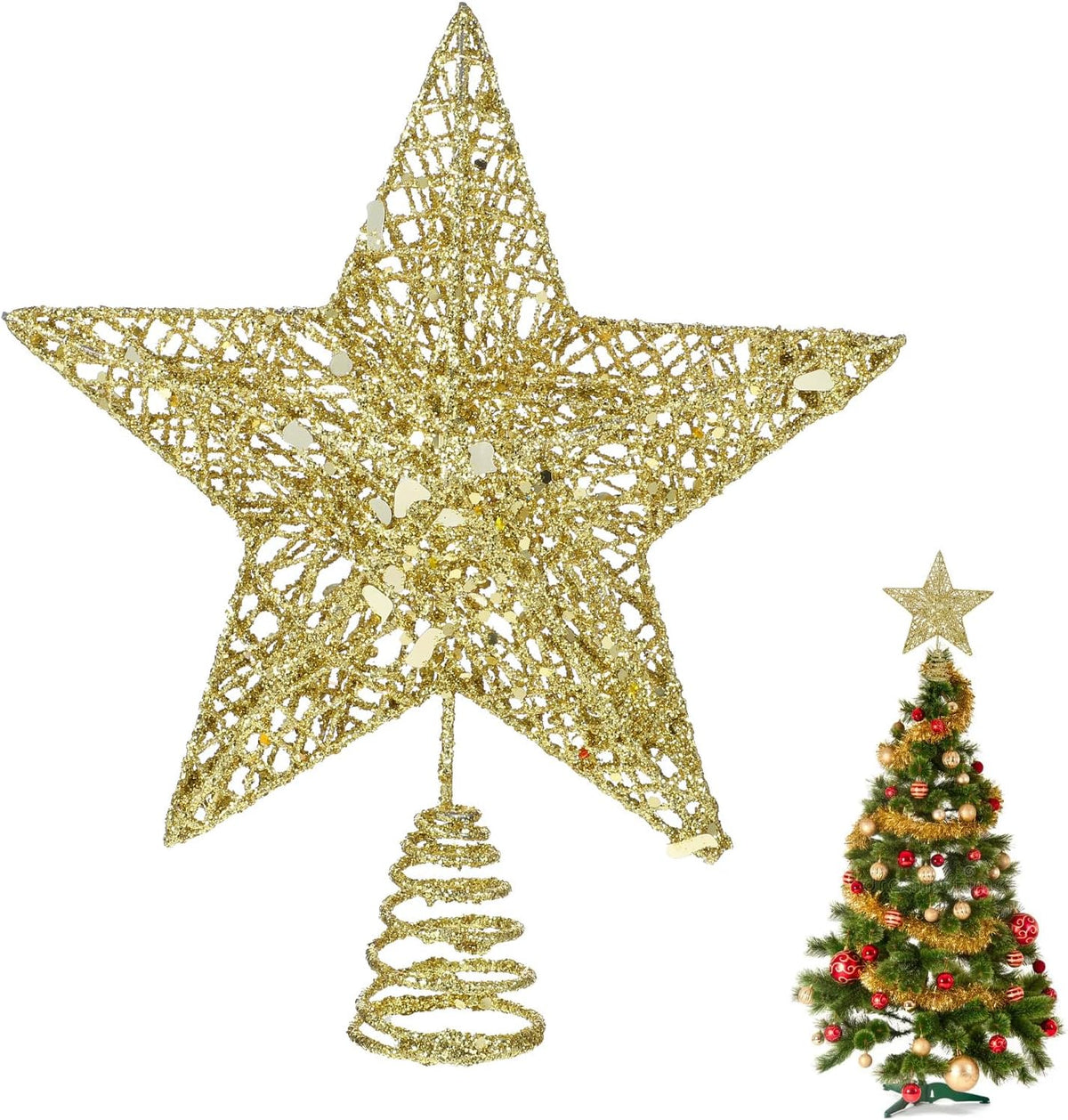 COMNICO Christmas Tree Topper Glittering Gold Hollow Small Star Mini Christmas Tree Decoration 5 Point Star Xmas Treetop Ornaments (15cm/5.9inches)