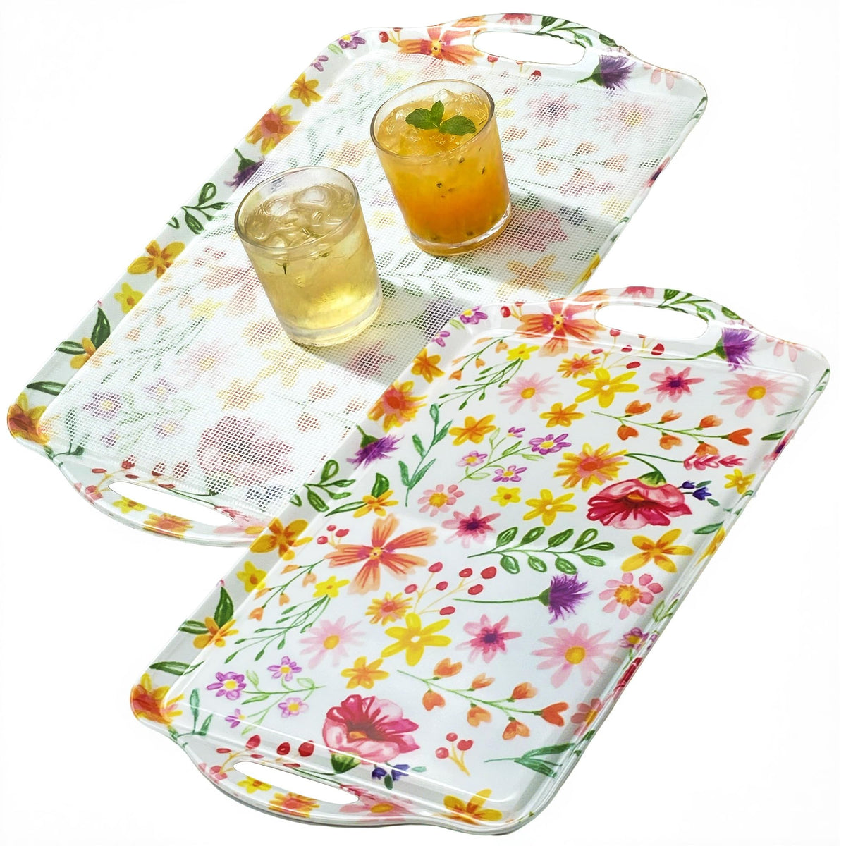 Thanksgiving Serving Trays with Handles, 19 x 11.6 Inch, Set of 2, Bamboo Fiber Serving Platter, Dishwasher Safe, with Removable Silicone Mats, Turkey and Fall Plaid