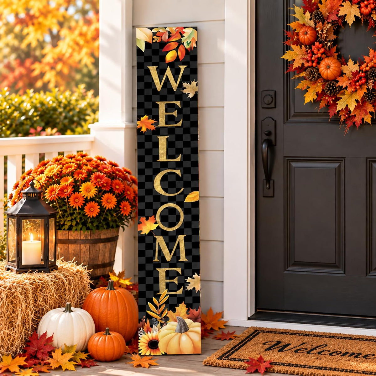 Fall Wooden Porch Sign 47" Autumn Pumpkin Maple Leaf Front Door Welcome Sign Vertical Standing Sign For Garden Home Yard Farmhouse Thanksgiving Decor