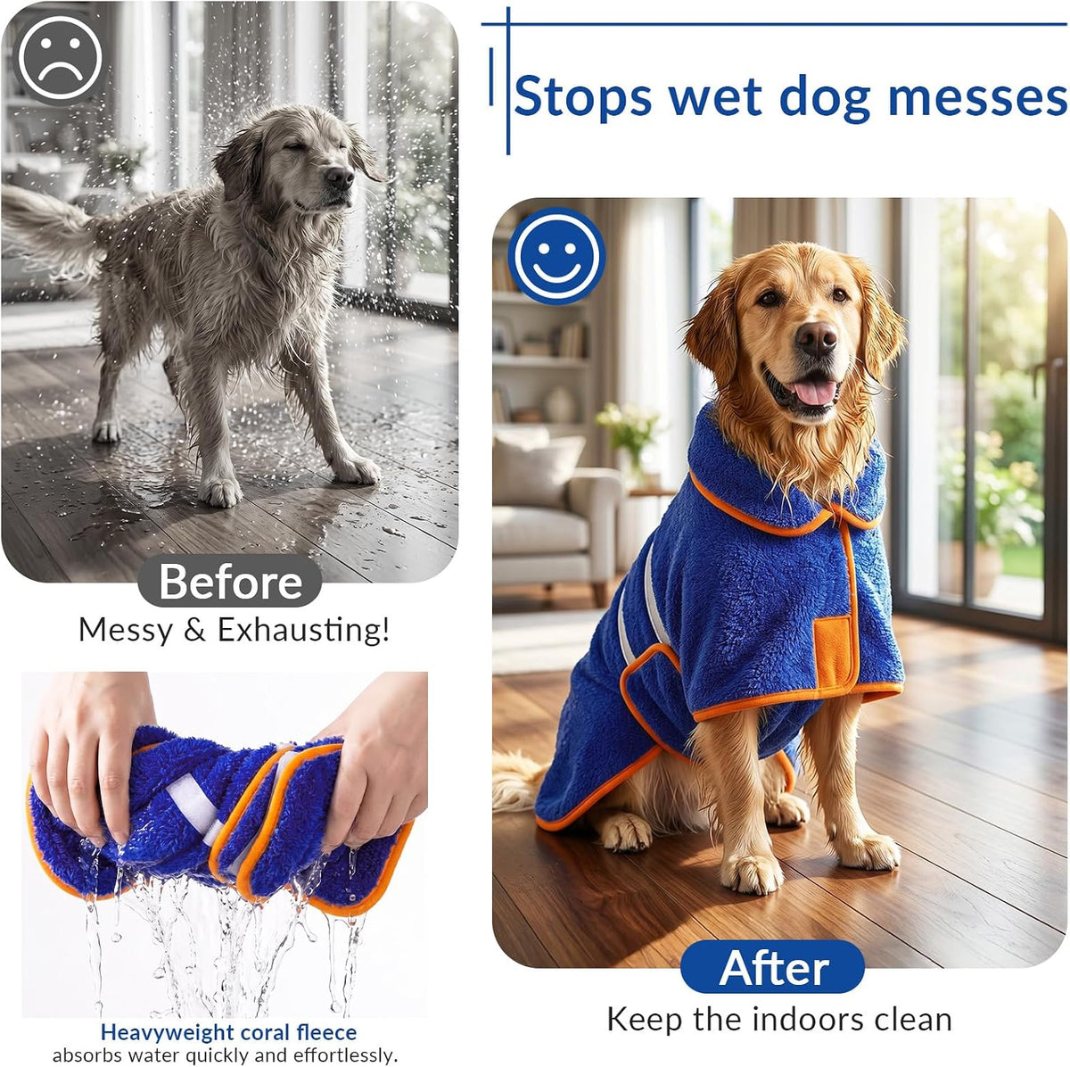 Dog Bathrobe, Super Absorbent for Small to Large Dogs, Dark Blue XL | Dog Robes with Soft Fleece, Warm & Cozy, Adjustable Fit, and Quick Drying Coat for Baths Swimming and Grooming