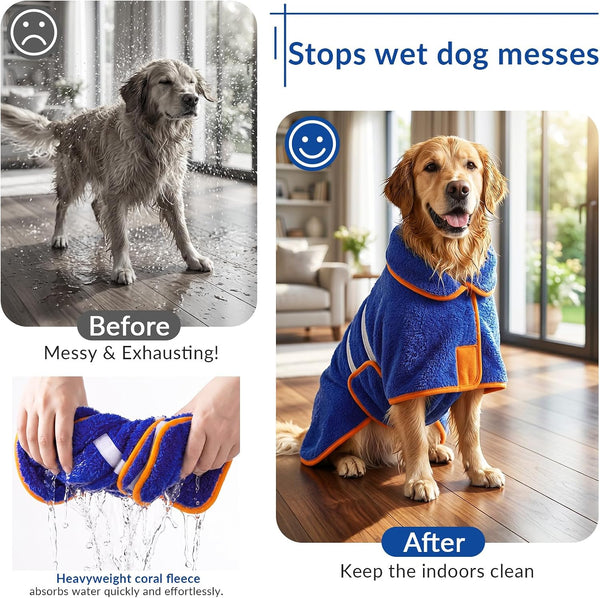 Dog Bathrobe, Super Absorbent for Small to Large Dogs, Dark Blue XL | Dog Robes with Soft Fleece, Warm & Cozy, Adjustable Fit, and Quick Drying Coat for Baths Swimming and Grooming