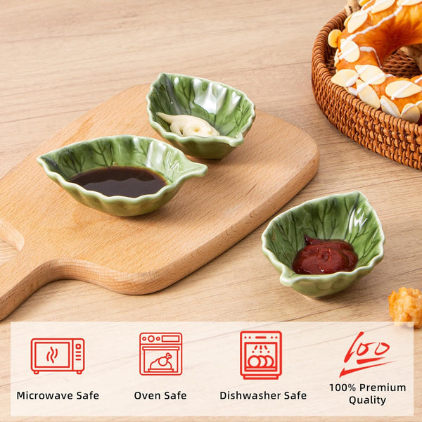Ceramic Soy Sauce Dishes, Green Leaf Shape Dipping Bowls, 1.5OZ