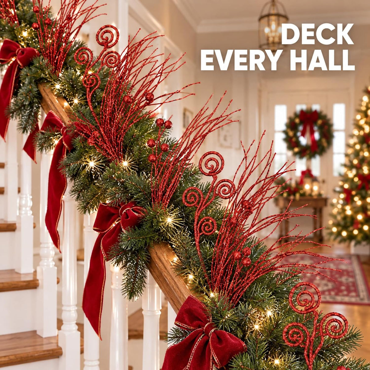 48 Pcs Red Christmas Tree Picks and Sprays Glitter 17" Berry Stems