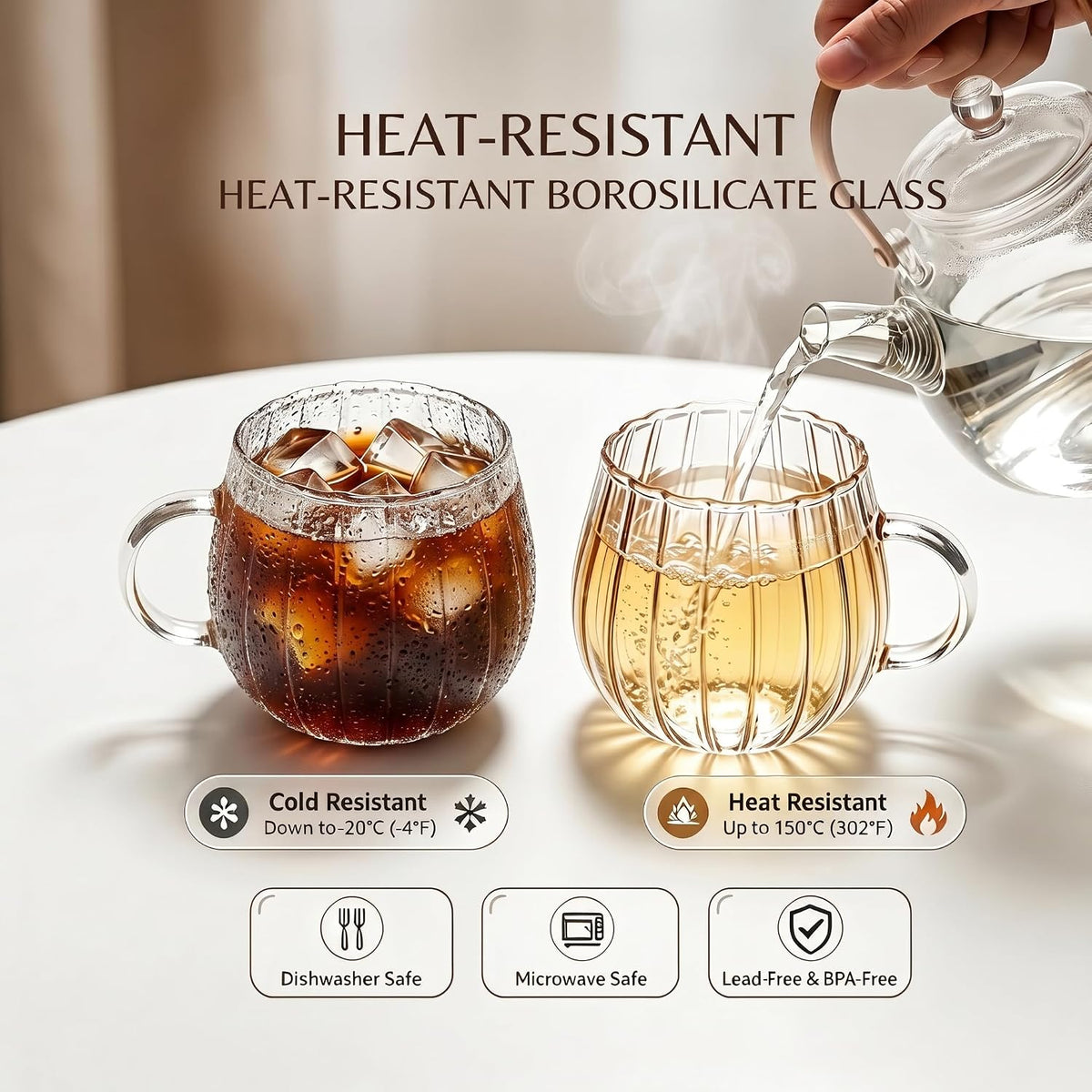 Clear Classic Glass Halloween Cups with Handle 12 Oz- Heat-Resistant Cute Pumpkin Coffee Mugs for Home, Office, Party Drinking Cups Microwave Safe (2Pcs)