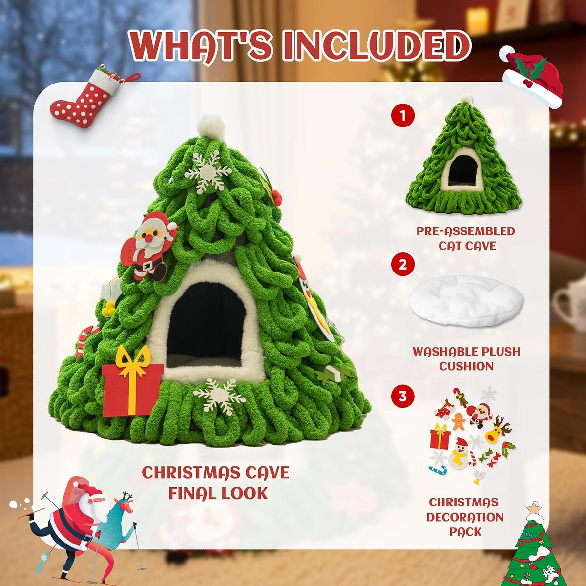 PETKARAY Christmas Tree Cat Cave Bed for Indoor Cats, Cozy Felt Cat House