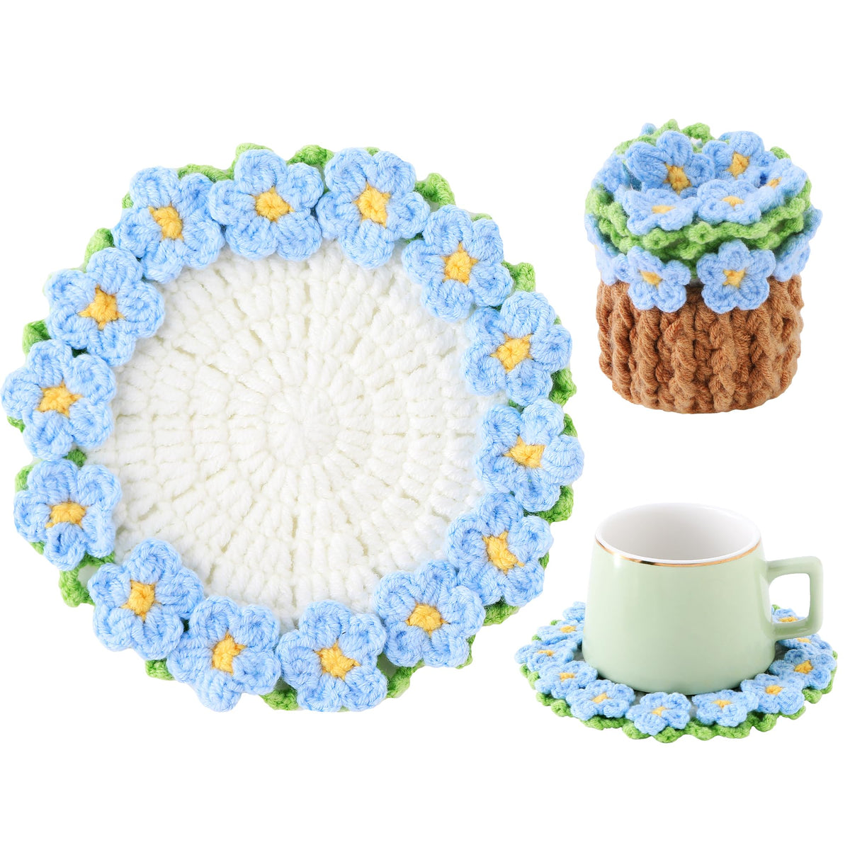 Crochet Flower Coasters, Handmade Bouquet Coasters with Crochet Plant Pot (Sunflower Yellow, 1Pc)