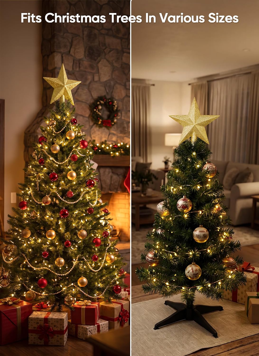 Brightown Gold Glitter Christmas Tree Topper Star, Sparkling Holiday Decor