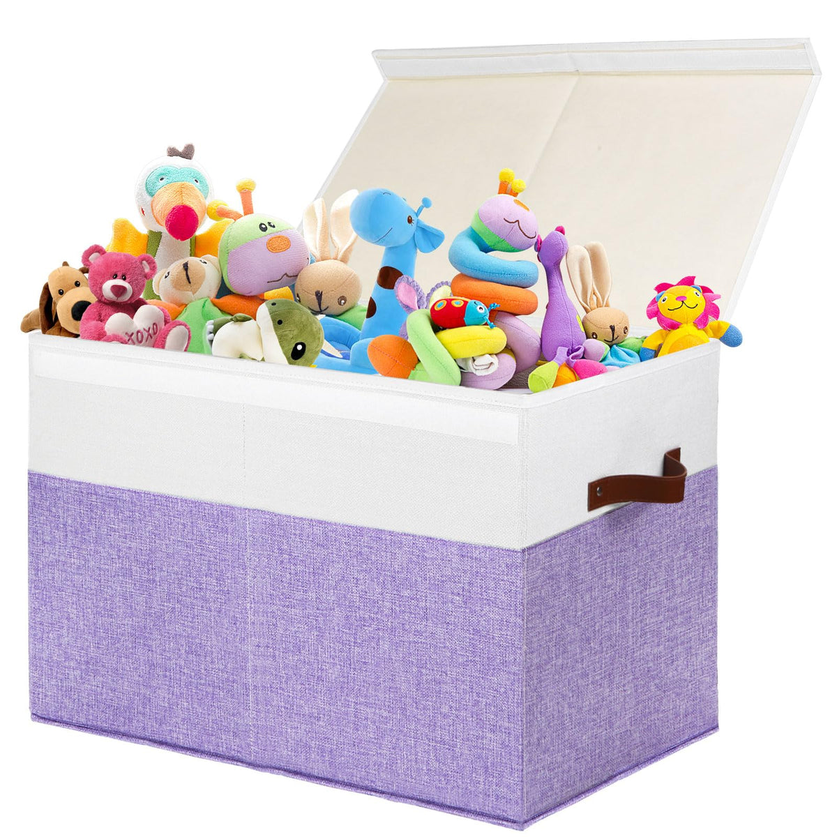 Large Toy Storage Box with Lid, Toy Chest Bin Boxes Basket with Dividers | Sturdy Toy Organizer Bin for Kids, Boys, Girls, Nursery, Living Room, Bedroom, Playroom 25"x13" x16" (Beige and White)