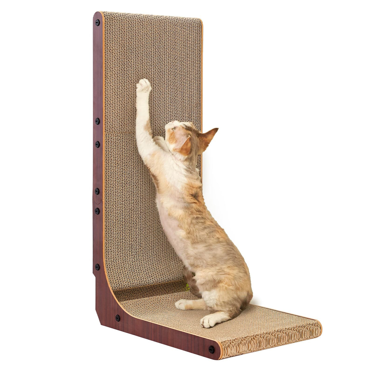 EHEYCIGA Cardboard Cat Scratcher for Indoor Kitten Cats, 19 Inch L Shaped Vertical Cat Scratching Board with Ball Cat Toy, Small Cat Scratcher Pad, Brown