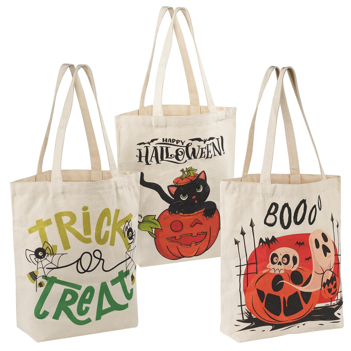 ATFUNSHOP 13.8" Large Halloween Tote Bag Trick or Treat Canvas Reusable Large Bucket for Kids Boo Pumpkin Ghost