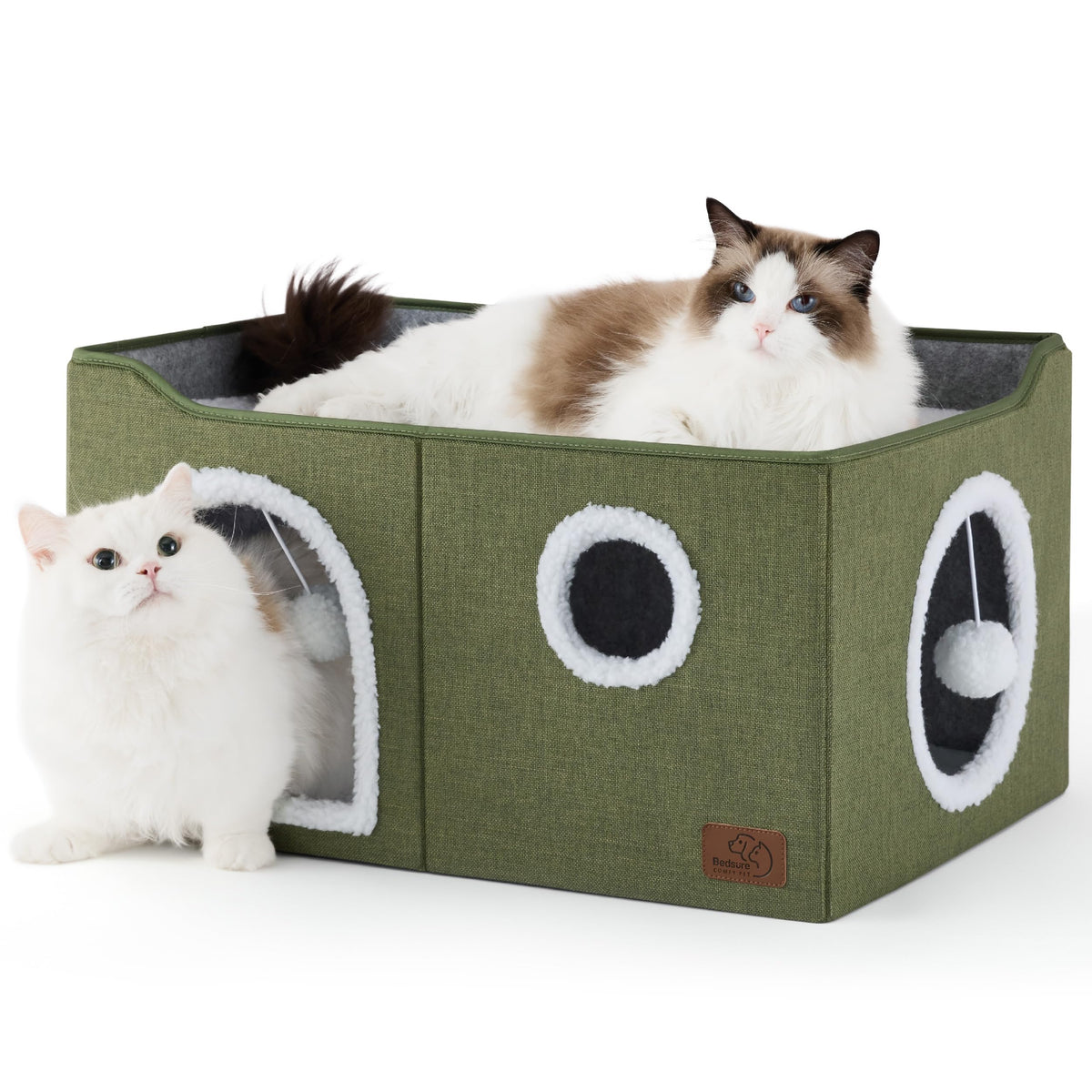 Bedsure Extra Wide Cat House Bed with Fluffy Ball and Scratch Pad,Grey | 23.6x16.9x13 in,Indoor Cat Cave for Multiple Pets, Foldable Cat Hideway Cube for Sleeping Large Cat and Kitten