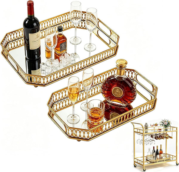 2 PCS Bar Cart Tray, Gold Mirror Tray with Handles for Home Decor