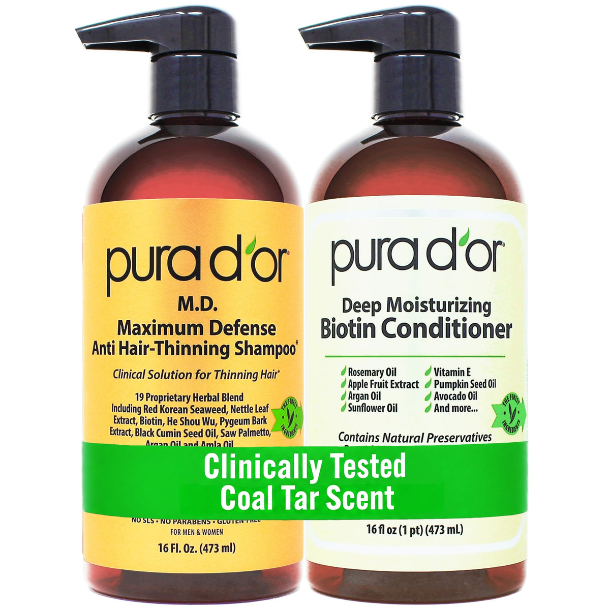 PURA D'OR Anti-Thinning Biotin Shampoo & Hair Regrowth Conditioner, CLINICALLY TESTED Effective Results, Thickening Herbal Blend For Women & Men, Original Gold Label Set, Natural Earthy Scent, 16oz x2