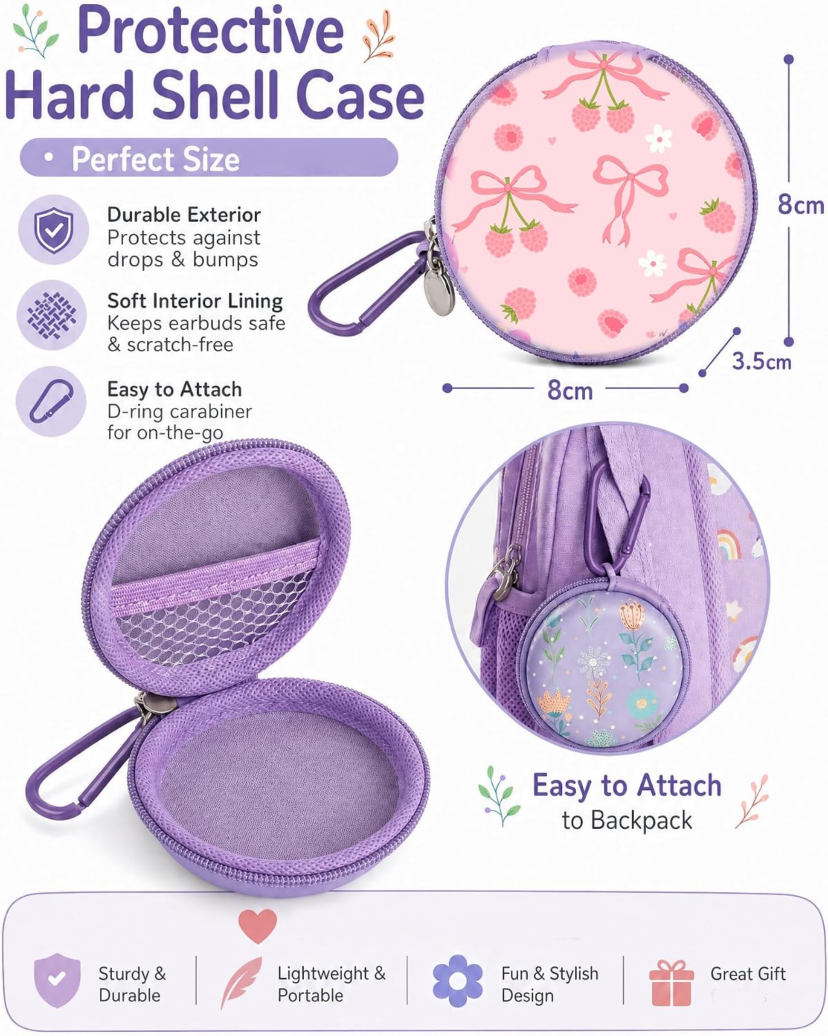 Teens Wired Earbuds with Case, 3.5mm Headphones for School,Berry Bows
