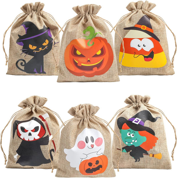 DERAYEE Halloween Burlap Treat Bags with Drawstrings, 6"x 8" Gift Candy Bags Goodie Bag for trick or treat Kids Halloween Party Favor 18Pcs