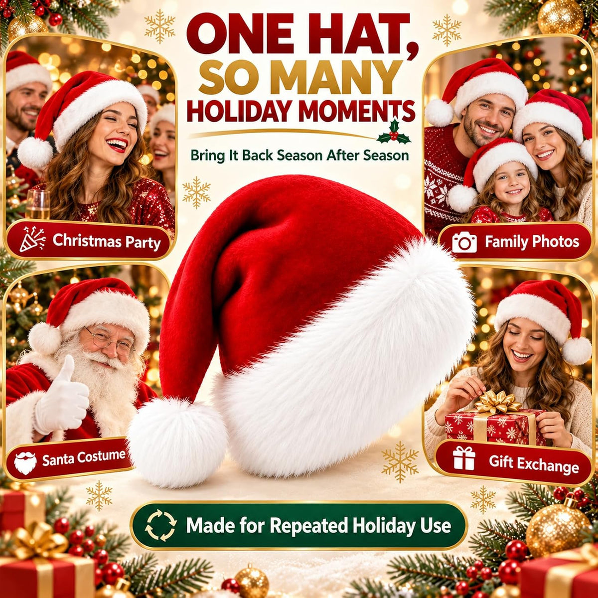 Christmas Santa Hat Hats for Adults Thicken Soft Comfort Adult Headwear Costume Headband Accessories Xmas Holiday Decorations New Year Party Favors Elf Hair Gorros De Navidad Para Adultos
