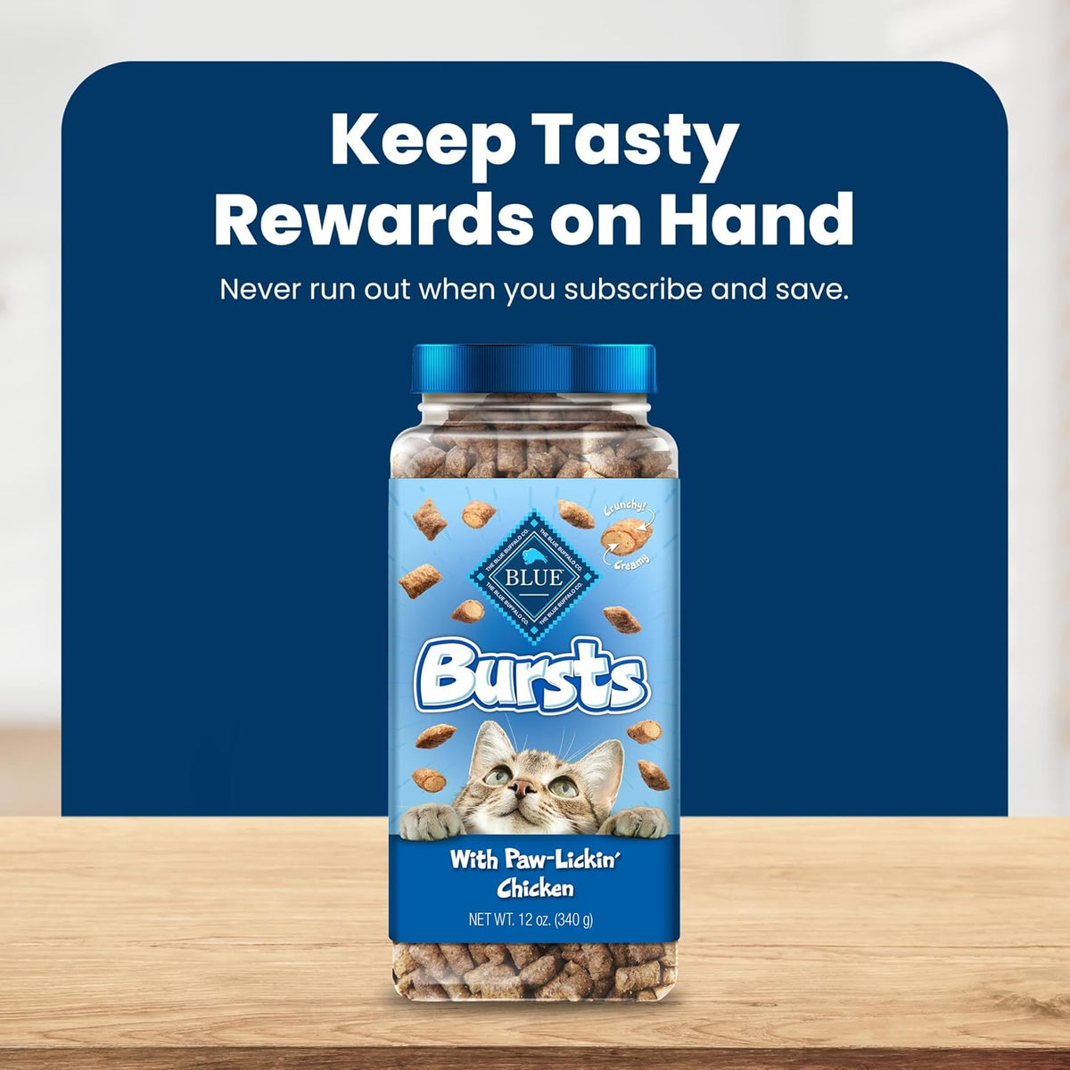 Blue Buffalo Bursts Paw-Lickin' Chicken Crunchy & Creamy Cat Treats, Great for Training, Made with Real Chicken Natural Cat Treats Enhanced with Vitamins, Minerals & Other Nutrients, Tub 12 oz.