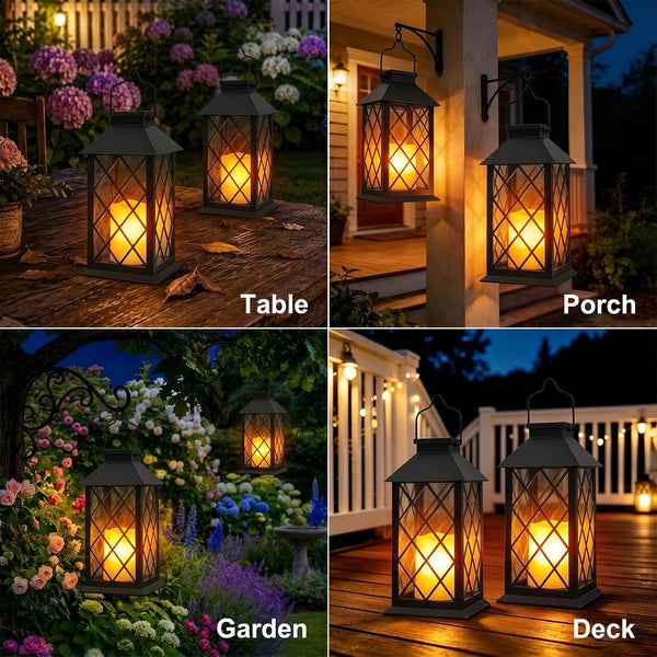 2 Pack 14'' Black Large Outdoor Solar Lanterns Outdoor Waterproof