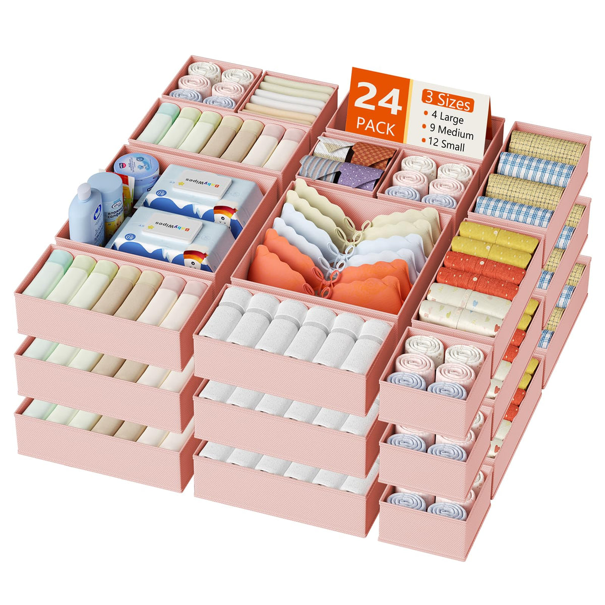 DIMJ Drawer Organizer Clothes, 12 Pack Dresser Organizer, Foldable Closet Organizers and Storage, Fabric Dresser Bins, Drawer Dividers for Nursery, Baby Clothes, Underwears, Sock (Beige)