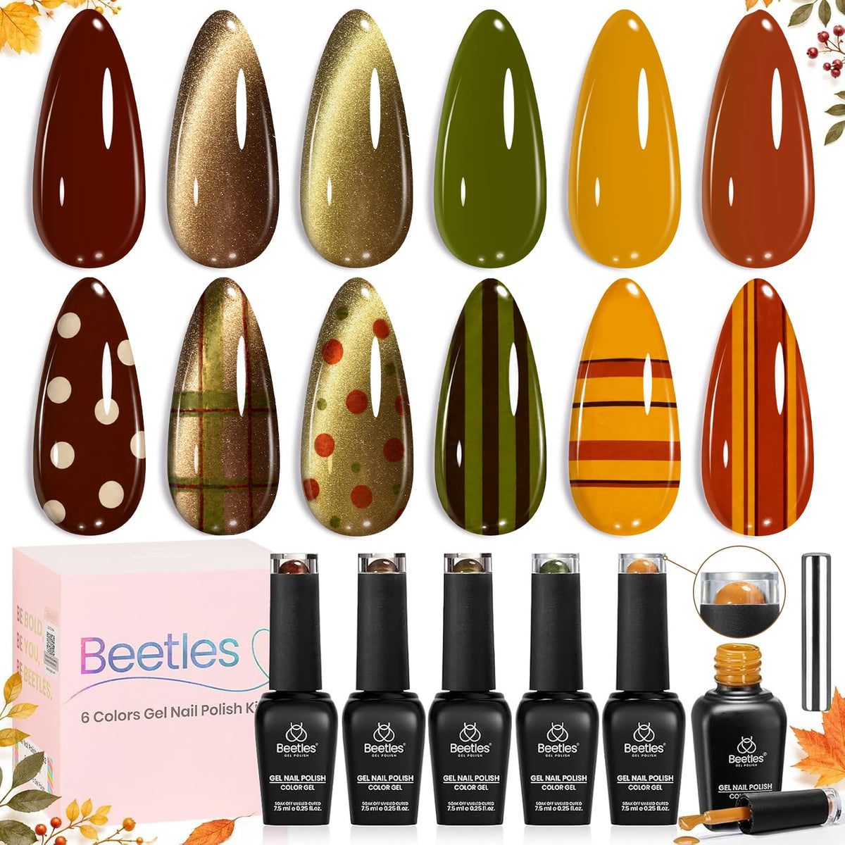 Beetles Halloween Cat Eye Gel Nail Polish Set, 6 Colors Glitter Gel