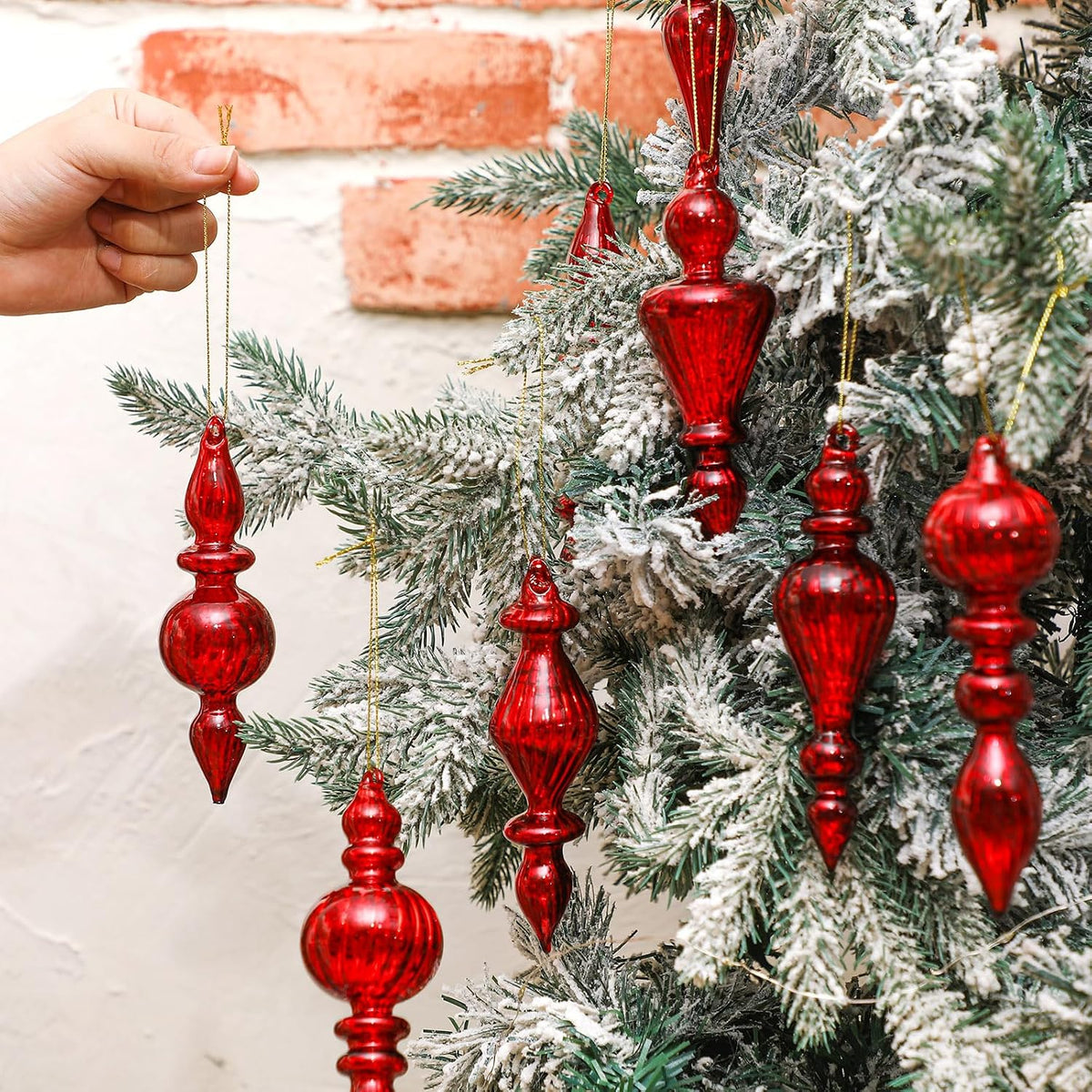 Mifoci 8 Pcs 6 Inch Mercury Glass Finial Christmas Ornaments,Red