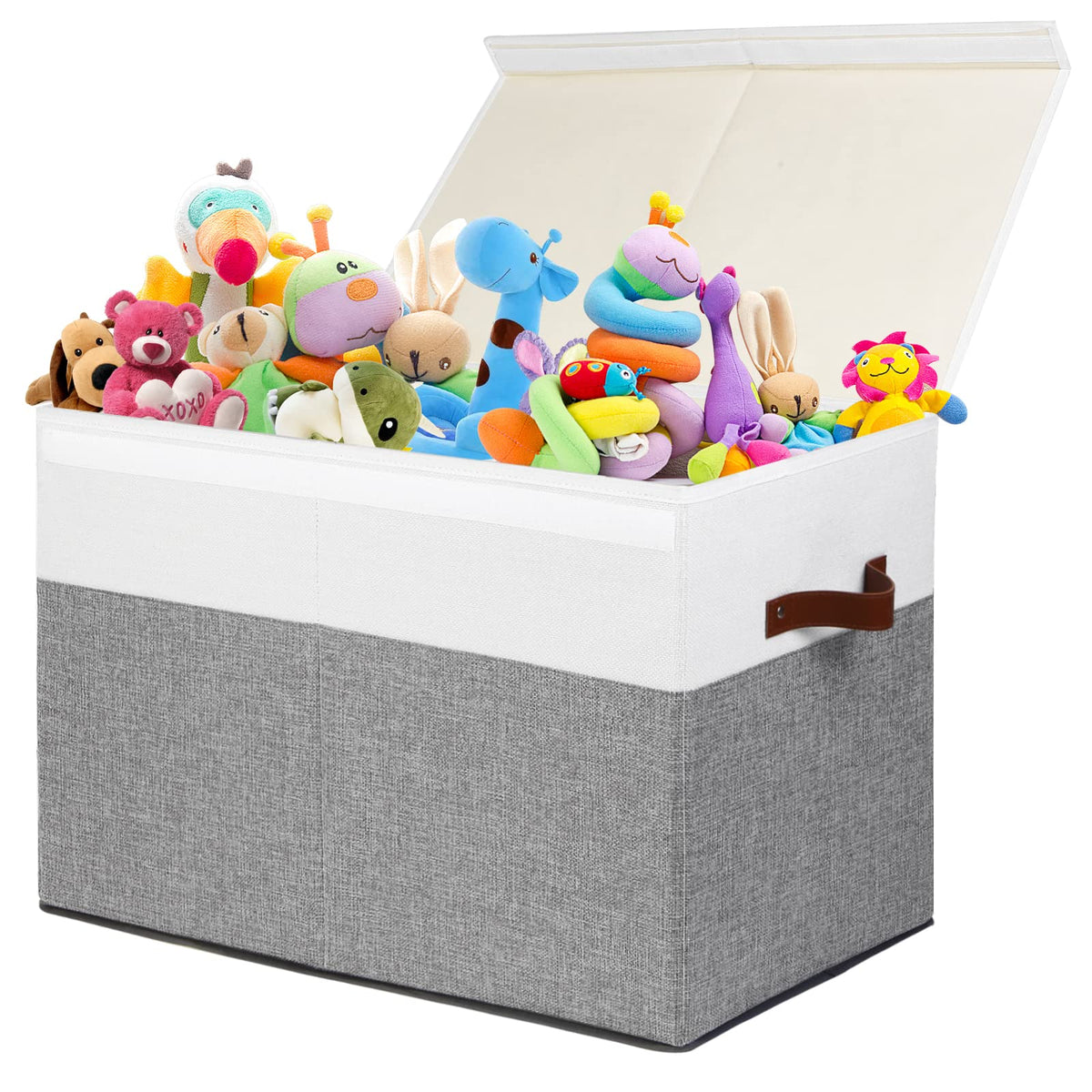 Large Toy Storage Box with Lid, Toy Chest Bin Boxes Basket with Dividers | Sturdy Toy Organizer Bin for Kids, Boys, Girls, Nursery, Living Room, Bedroom, Playroom 25"x13" x16" (Beige and White)