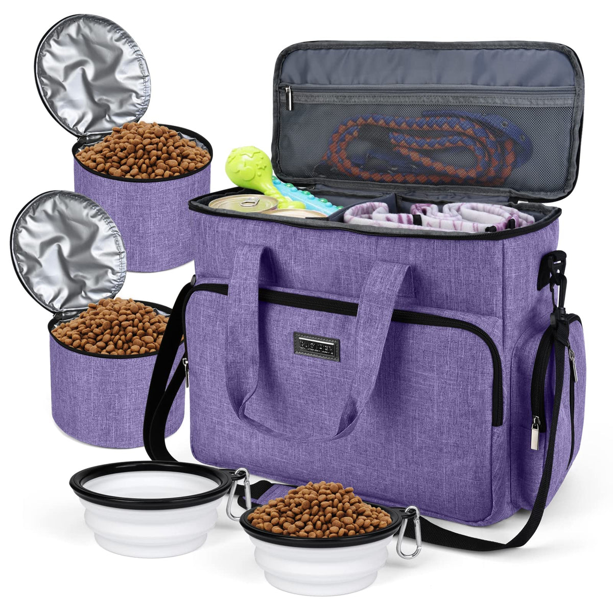 BAGLHER Pet Travel Set Airline-Approved Carrier for Small/Medium Cats & Dogs + Travel Bag with Food Containers & Silicone Bowls, Grey & Green