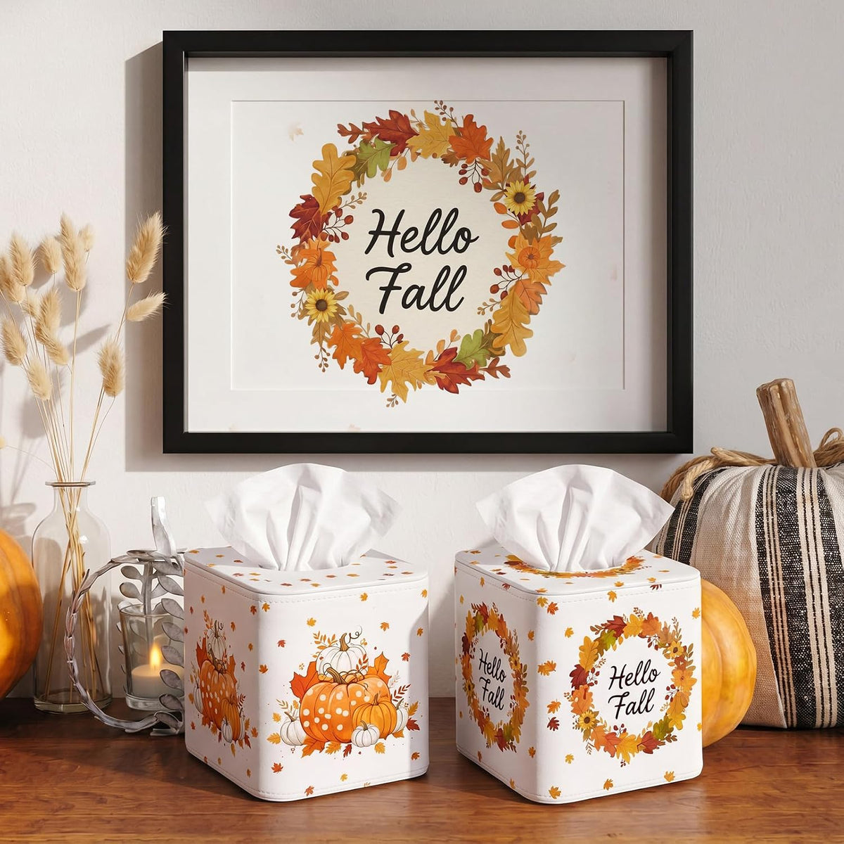 Thyle 2 Pcs Fall Tissue Box Cover Square, Pumpkin PU Leather Tissue Holder