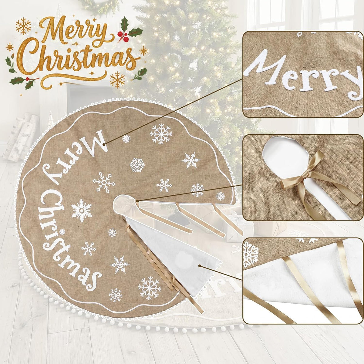 Burlap Christmas Tree Skirt Khaki Embroidered Christmas Tree Mat