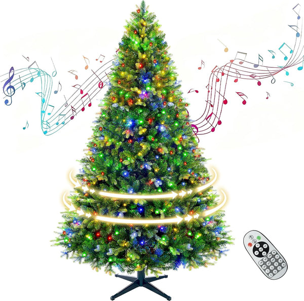 360° Rotating Prelit Christmas Tree 6ft - Musical Artificial Christmas Tree with Remote Control, 860 PE & PVC Mixed Tips, 8 Modes 280 Multicolor LED Lights for Holiday Decor