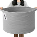 Large Woven Blanket Basket,65L Cotton Rope Laundry Basket Hamper with Handles, Decorative Nursery Basket Storage Bin for Toys, Clothes Organizer, Living Room, Bedroom, Bathroom, White & Brown
