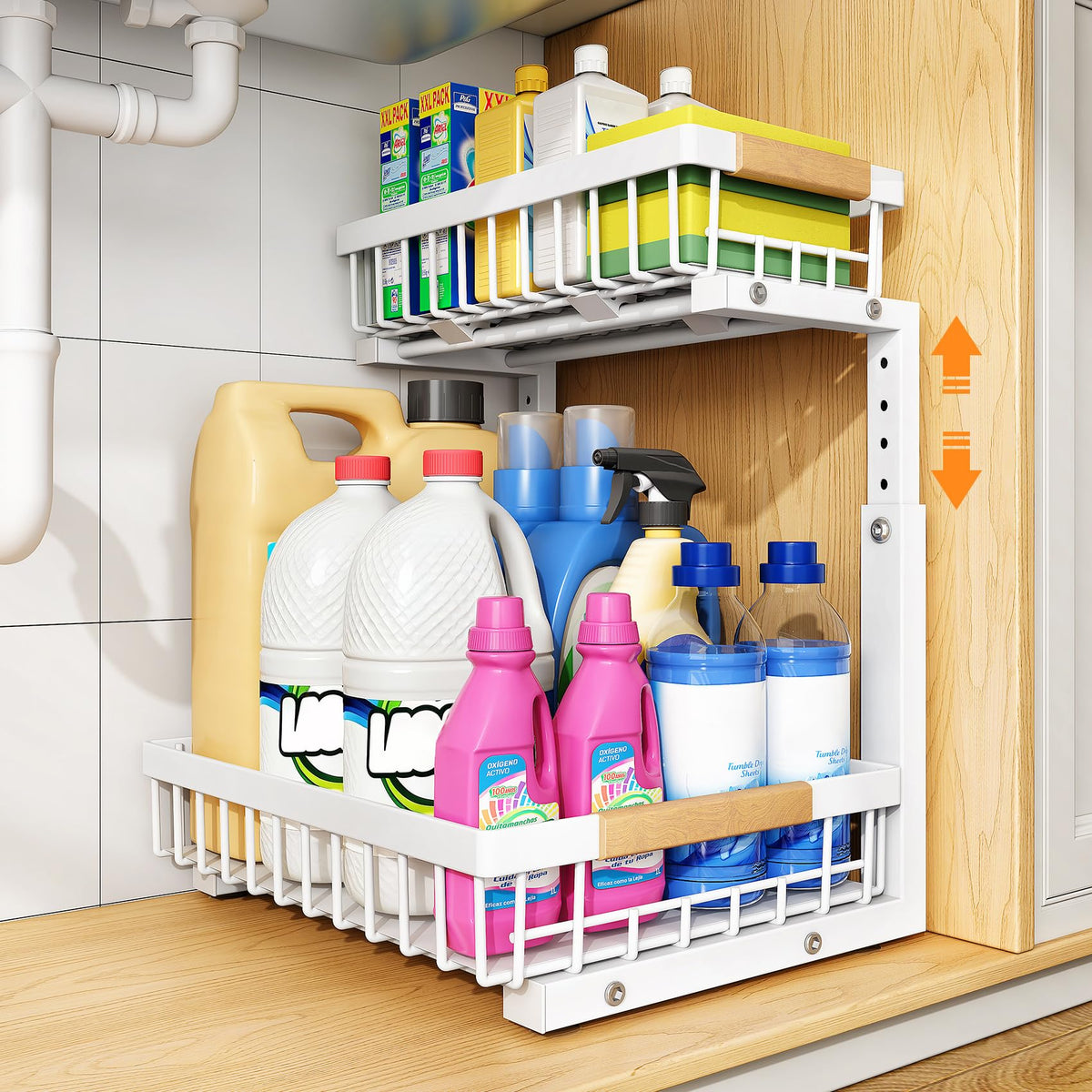 PXRACK Under Sink Organizer, Adjustable Height, 2 Tier Pull Out Under Cabinet Organizer, Slide Out Thickened Metal Under Sink Storage for Kitchen Bathroom Laundry Pantry Cabinet, White, Large-2-Pack