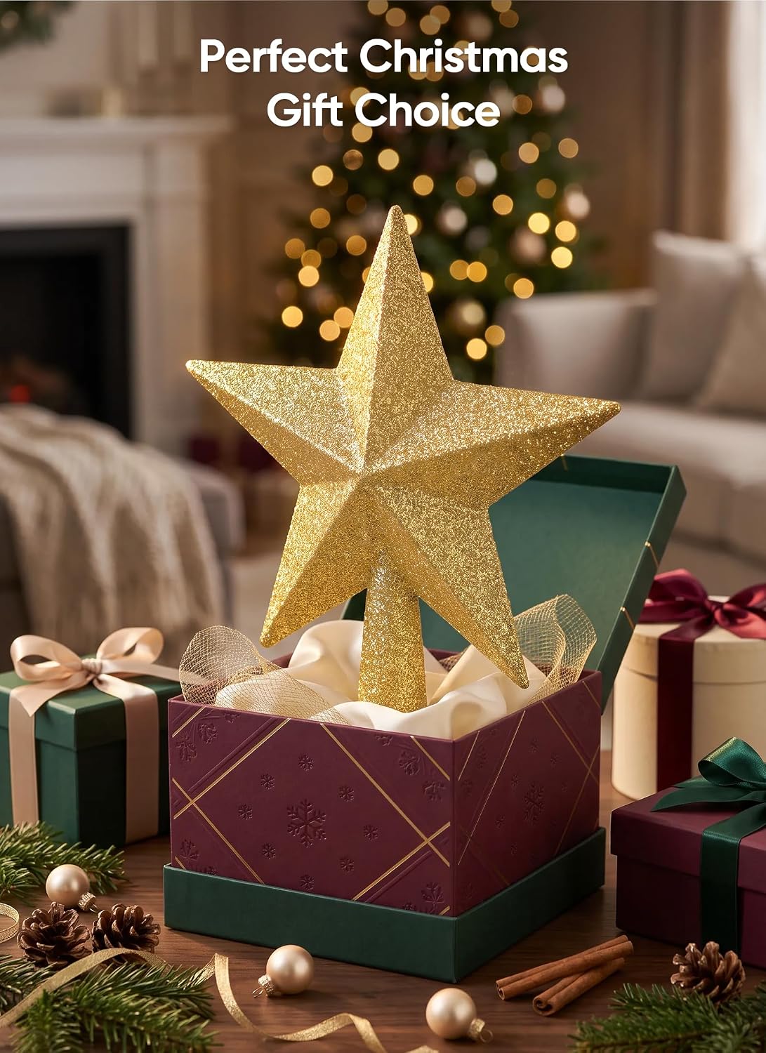 Brightown Gold Glitter Christmas Tree Topper Star, Sparkling Holiday Decor