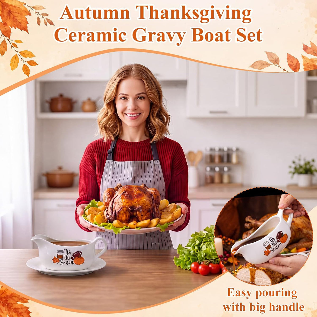 2 Pcs 17oz Thanksgiving Gravy Boat with Saucer Set, Ceramic