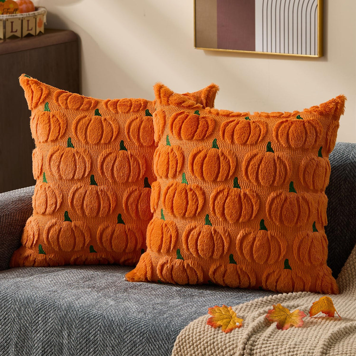 DFXSZ Fall Pillow Covers 18x18 2Pcs Rust Pumpkin Fall Decorations for Home | Fall decor Set of 2 Throw Pillow Cases Soft Plush Faux Fur Wool Couch Cushion for Chair Sofa Bedroom Living Room Home Decor