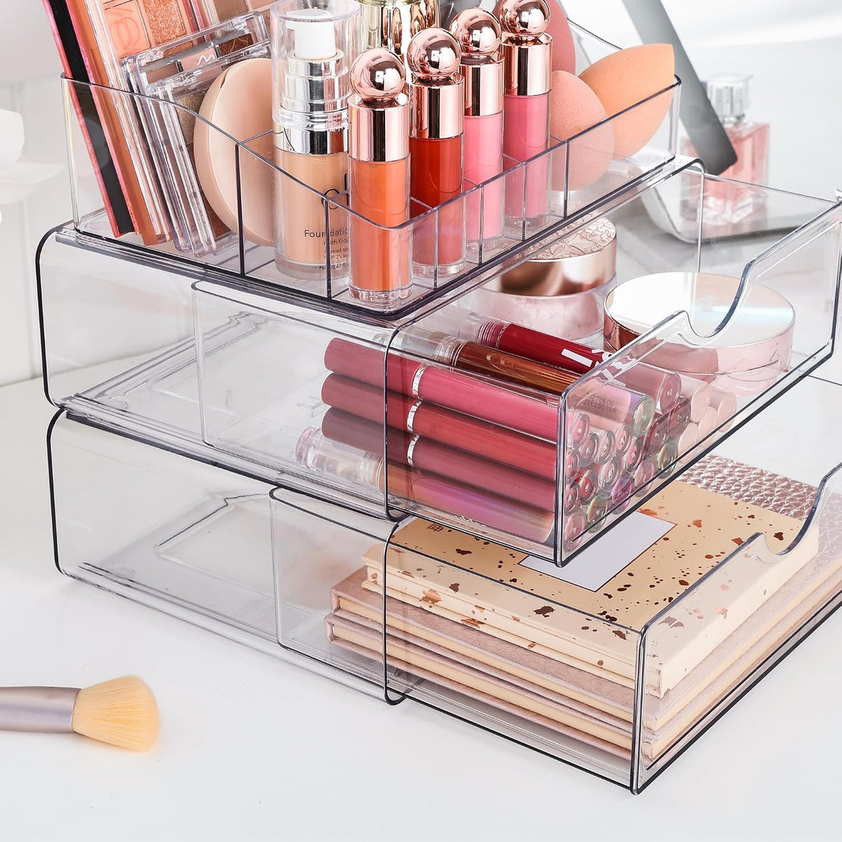 Vtopmart 3 Tier Clear Makeup Organizer with 2 Drawers | Smart Storage Layout, Clear for Better Visibility, Stackable, Large Capacity, for Makeup Lipstick Brush Skincare