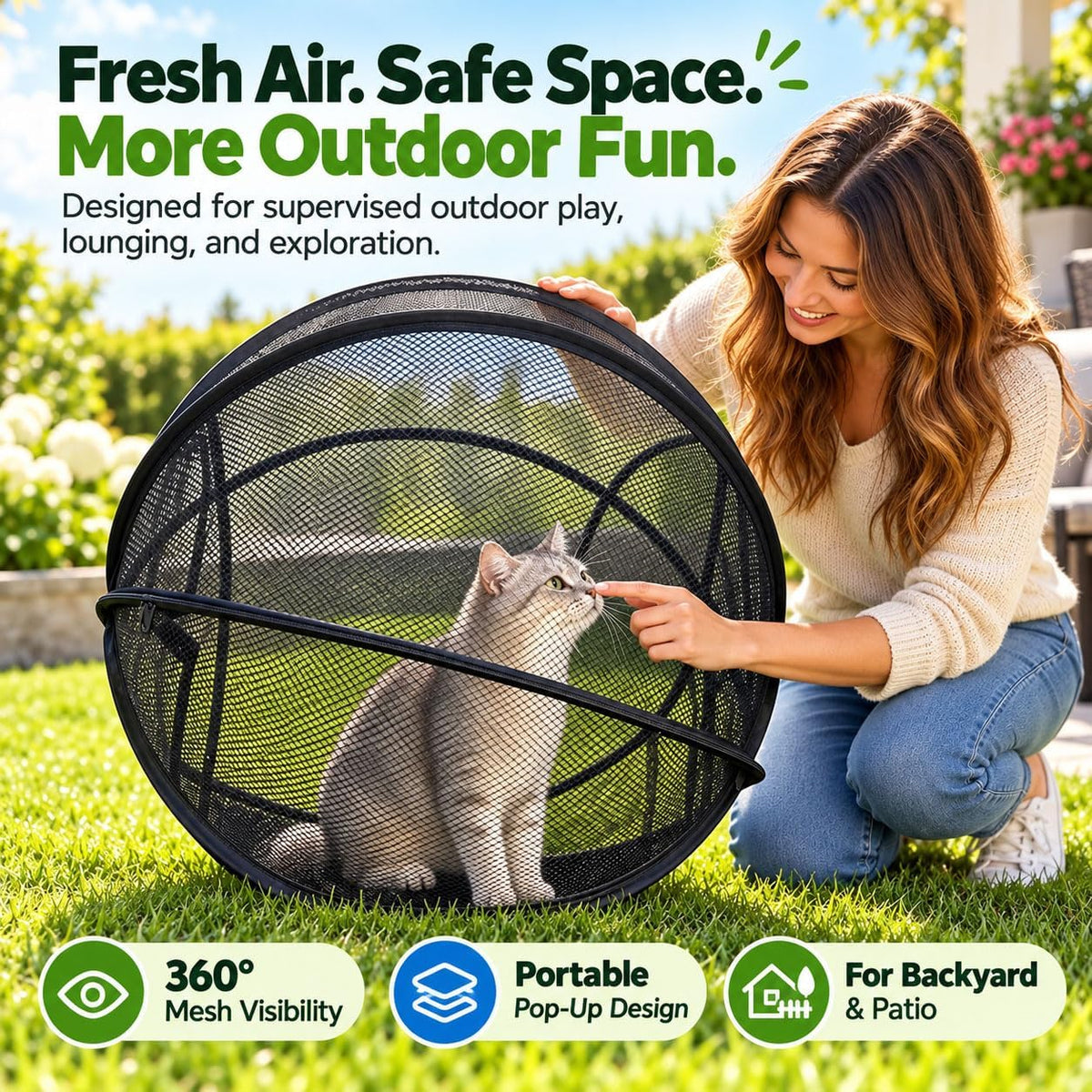 Hamster Ball for Cats, Rolling Cat Playpen, Foldable Mesh Outdoor Catio (A)