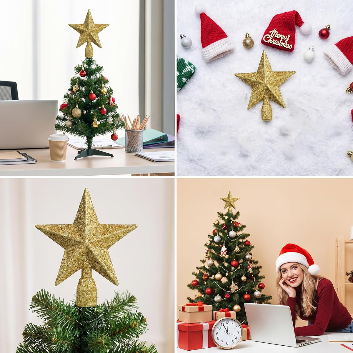 Christmas Tree Star Topper, 4 Inch Glitter Gold Star Mini Tree Topper
