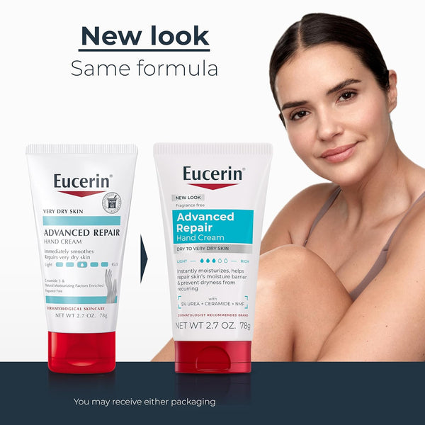 Eucerin Advanced Repair Hand Cream, Urea Enriched, Unscented Moisturizer for Dry Hands, Travel Size Hand Cream, 2.7 OZ Tube, Pack of 3
