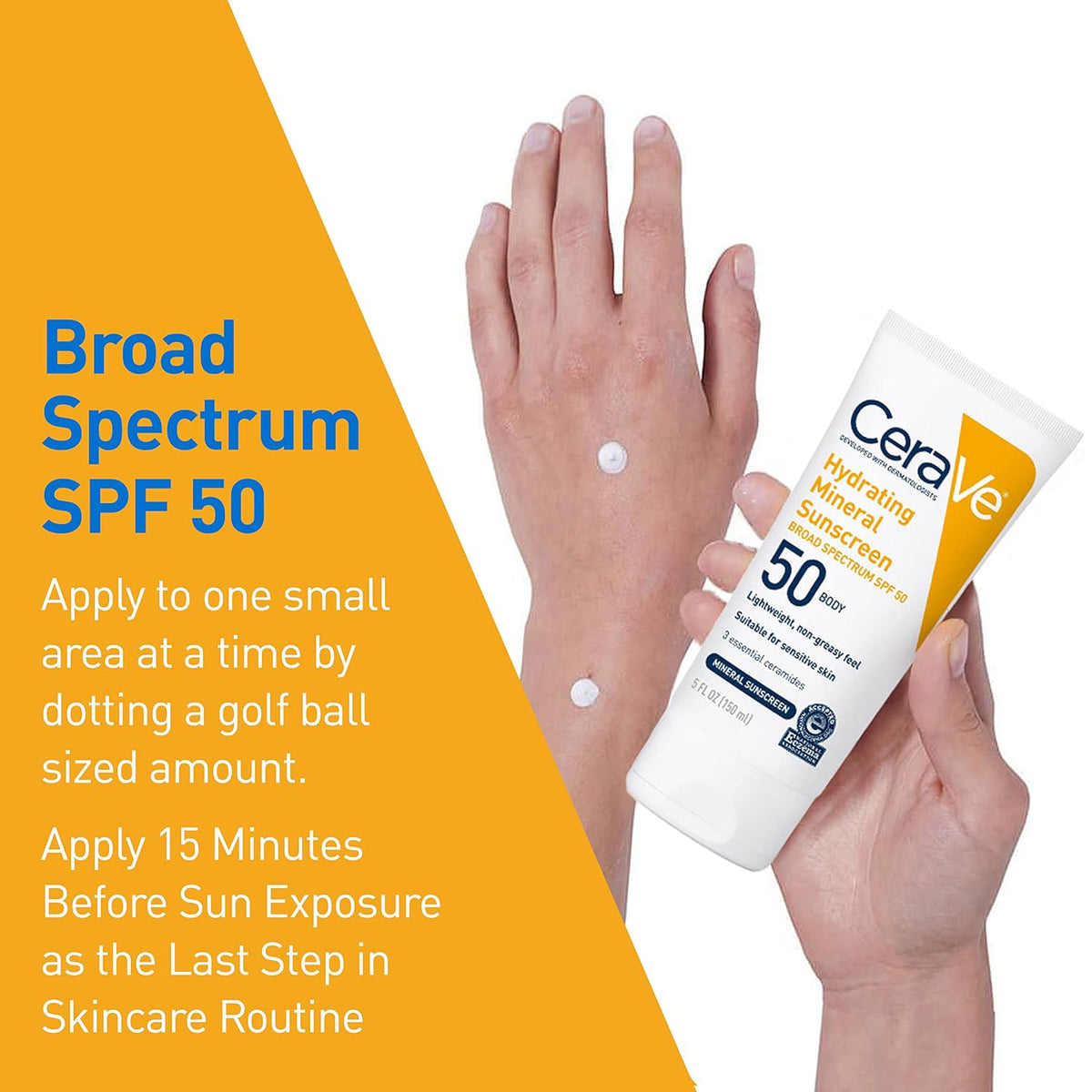 CeraVe 100% Mineral Sunscreen SPF 50 with Zinc Oxide & Titanium Dioxide, Hyaluronic Acid & Ceramides, Oil Free & Non-Greasy, Hydrating Mineral Sunscreen For Body, 5 oz