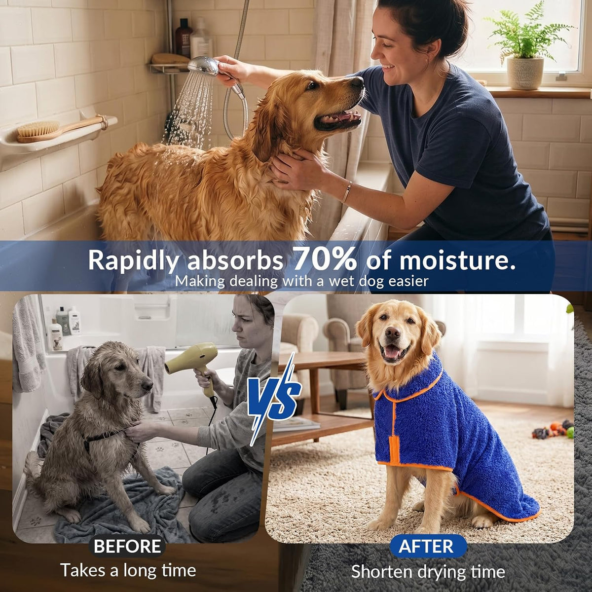 Dog Bathrobe, Super Absorbent for Small to Large Dogs, Dark Blue XL | Dog Robes with Soft Fleece, Warm & Cozy, Adjustable Fit, and Quick Drying Coat for Baths Swimming and Grooming