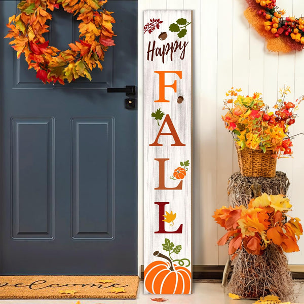 Fall Porch Sign, Pumpkin Sign for Front Porch, Happy Fall Wooden Sign Yard, Vertical Wood Sign Standing for Patio Front Door Porch, Flat Design Fall Pumpkins Holiday Home Party Wall Yard Home Decor Indoor Outdoor, 47x8 inch