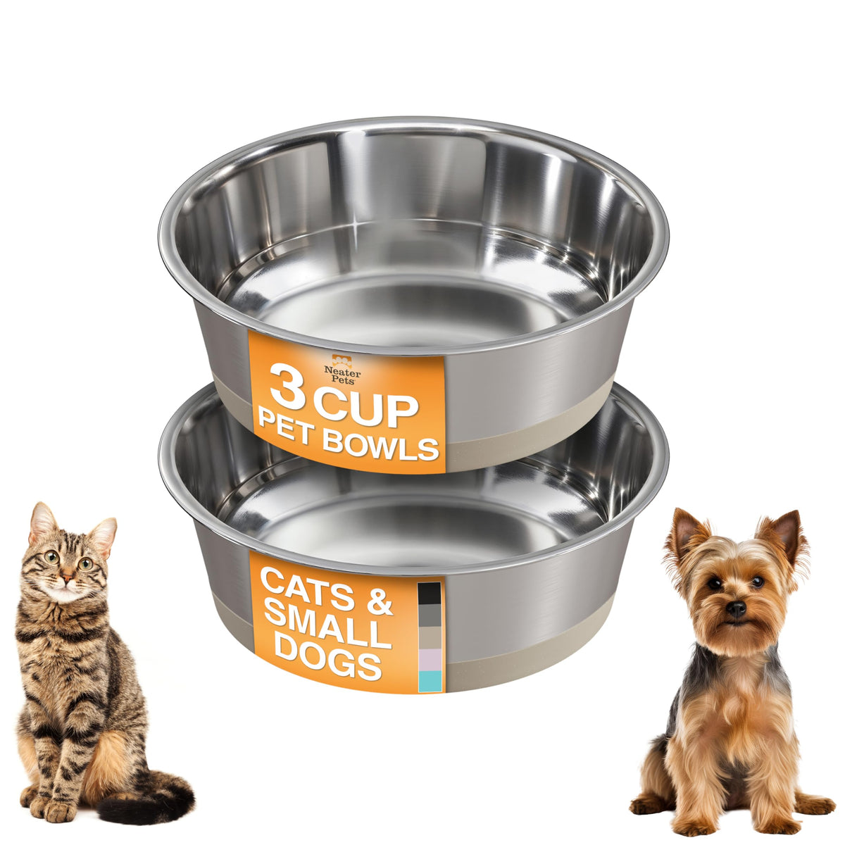 Neater Pet Brands Stainless Steel Dog Bowls with Non-Slip Rubber Bottom – Set of 2, 6 Cup (48 oz), Black - Heavy Duty Metal Dog Bowl, Dishwasher Safe, Food or Water Bowl, Ideal for Large Dogs