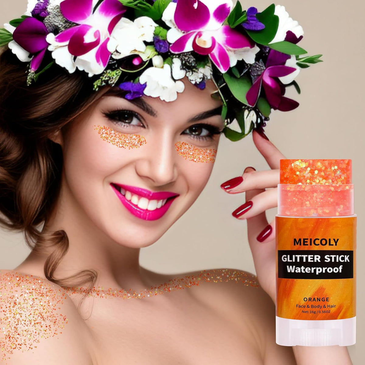 MEICOLY Orange Face Glitter Stick,Halloween Hair Glitter Stick for Women,Autumn Sparkle Orange Accessories Body Glitter Makeup,Waterproof Fall Face Glitter for Party Rave Festival