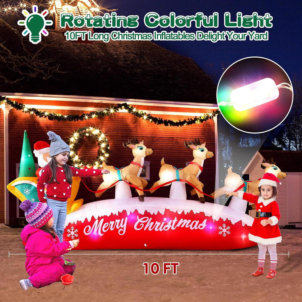Danxilu Christmas Inflatables 10 FT Long Santa Sleigh and Reindeer Decor