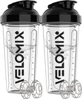 VELOMIX 2 Pack 28oz Protein Shaker Bottle for Protein Mixes, Black/Transpar