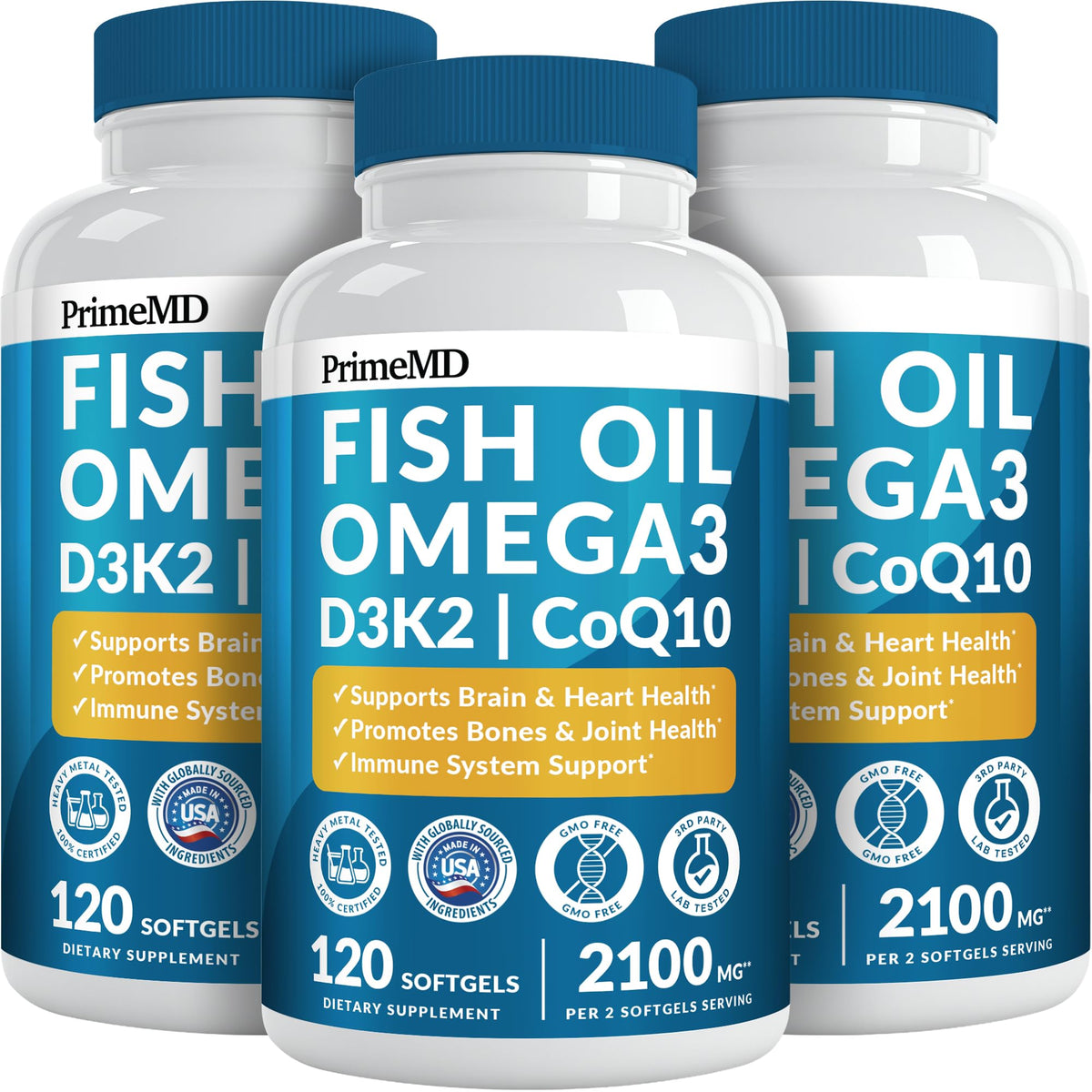 5-in-1 Fish Oil Omega 3 Supplements (2100mg) - Fish Oil with Vitamins D3 & K2 and CoQ10 - EPA DHA Omega 3 Supplement - Lemon Flavored Fatty Acid Supplements, Pack of 2