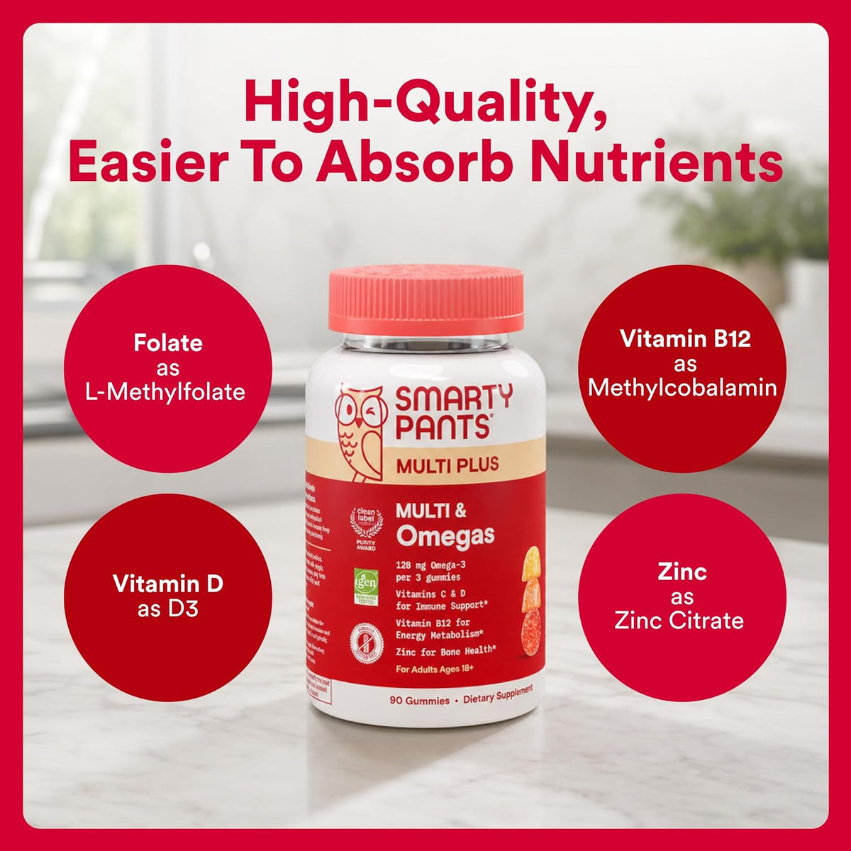 SmartyPants Plus Multi & Omegas Men and Women's Multivitamin Gummies with Omega 3 DHA/EPA, Vitamin D3, C, B12, B6, A, K, Zinc, Biotin, Clean Label, Three Fruit Flavors, 90 Count (30 Day Supply)