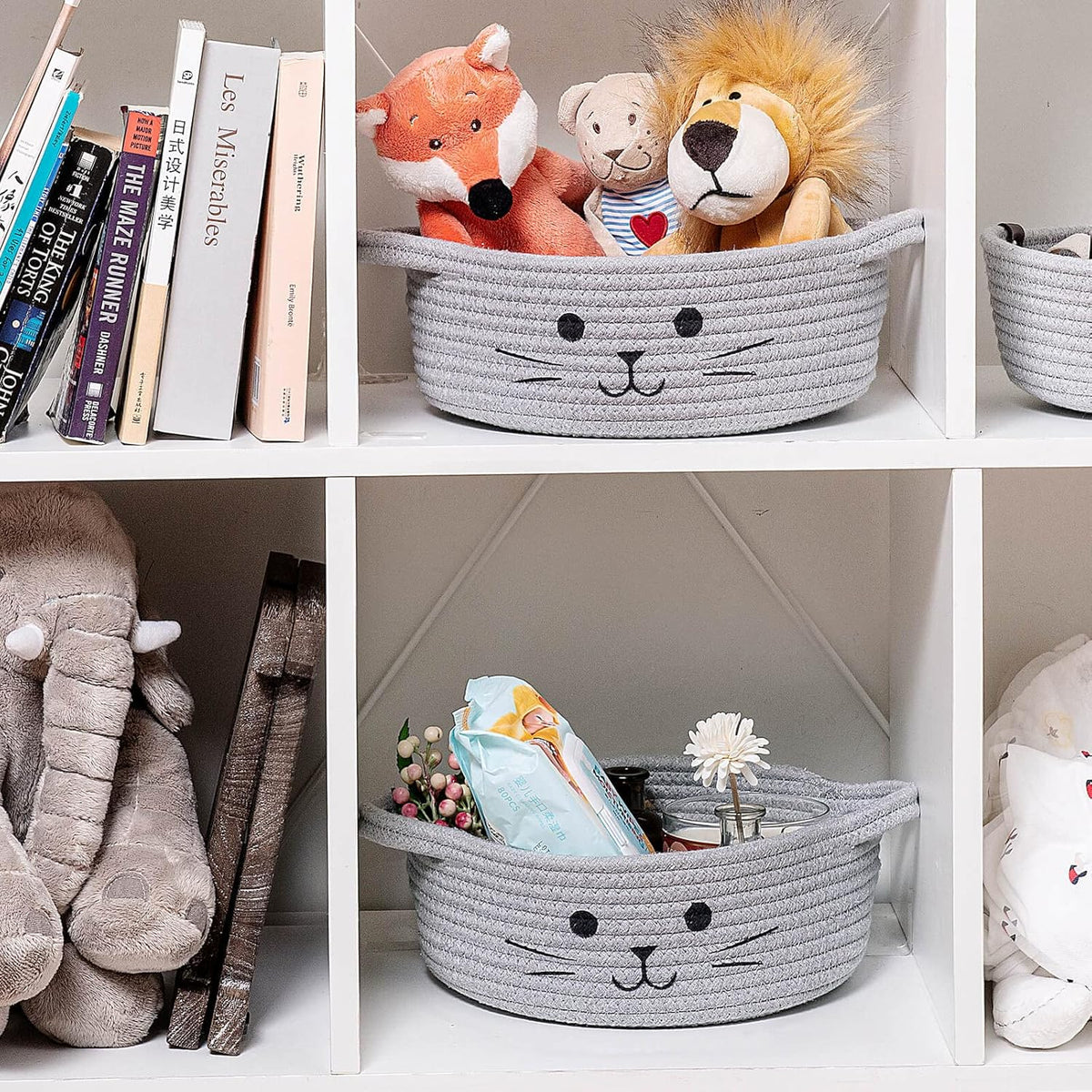 Small Woven Rope Storage Basket, Cute Cat Toy Basket for Living Room, Baby Baskets for Nursery, Gift Baskets Empty for Baby Shower, Grey, 9.8 x 4 inches
